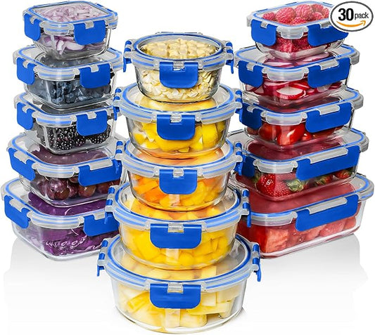 Razab 30 PC Glass Food Storage Containers with Lids - Reusable Glass Meal Prep Containers for Lunch and Leftovers - Airtight & Leakproof Snap Locking Lids - Oven, Freezer, Microwave, Dishwasher Safe by RazabHomeGoods