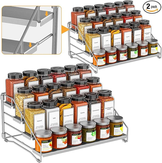 BOIVSHI Spice Rack for Cabinet, 4 Tier Spice Rack, Space-saving, Gray | Metal Spice Shelf Depth Adjustable, 2 Pack Spice Organizer for Cabinet, Countertop, Pantry, Tool-free and Screw-free Assembly by BOIVSHI