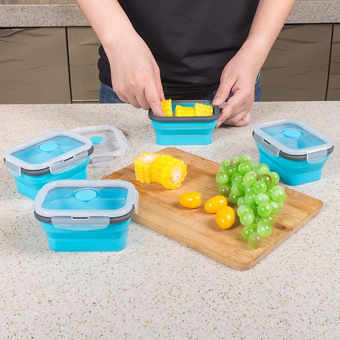Collapsible Food Storage Containers with Lids & Vent, 11.8 oz, Kitchen Stacking Silicone Collapsible Meal Prep Container Set for Leftover, Microwave Freezer Dishwasher Safe, Blue Small 4 Pack - Image 4