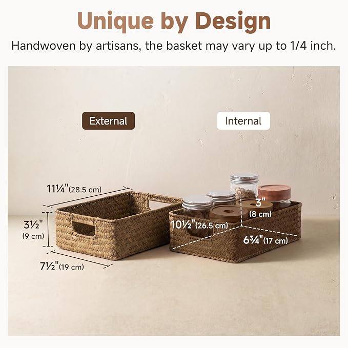 StorageWorks Wicker Baskets for Organizing, Woven Baskets for Storage | Seagrass, Pantry, Bathroom, Kitchen Closet, Table, Decorative, Book, Towel, Magazine, Food, Small, Medium, Rattan, Handle - Image 3