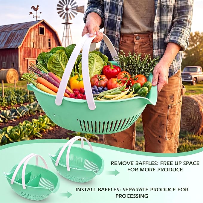Nuogo 3 Pcs Garden Harvest Basket Removable Partitions with Tool Caddy for Collecting Carrying and Cleaning Harvesting Basket Doubles Colander for Vegetables and Fruits Garden Accessories (Sage Green) - Image 5