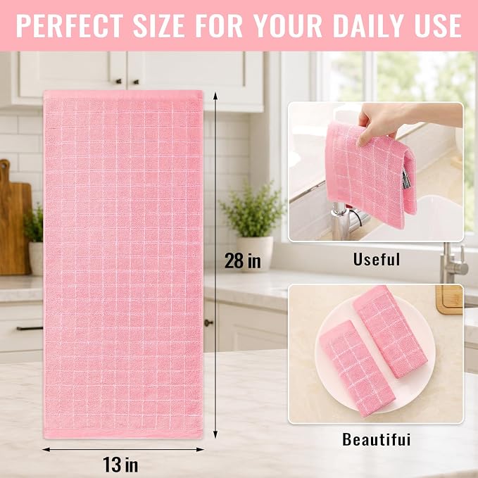 Kitinjoy 100% Cotton Terry Kitchen Towels, 13”x 28”, 12-Pack, Pink | Checkered Designed, Ultra Soft Absorbent Quick Drying Dish Towels - Image 4