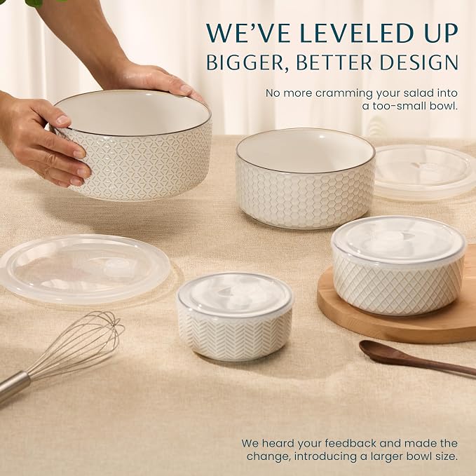KooK Serving Bowls, with Lids, Ceramic Nesting Bowls, Set of 4, Embossed, Kitchen, Prep, Stackable, Gift, Microwave and Dishwasher Safe, 16/29/47/70 oz, Narbonne Collection (Ivory) - Image 2