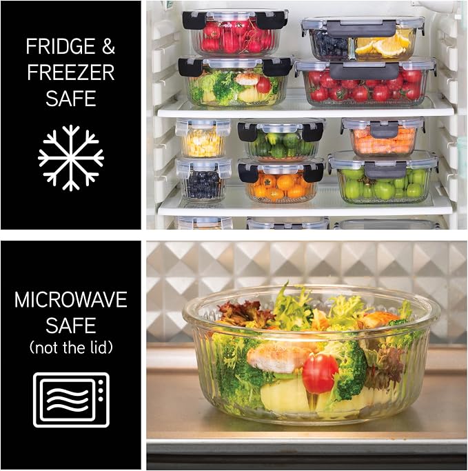 COOK WITH COLOR Premium 32-Pc. Borosilicate Glass Food Container Set with Dividers - 4 Rectangles, 8 Rounds, 4 Squares - Leakproof Lids - Meal Prep, Storage, Fluted Ombre Black - Image 4