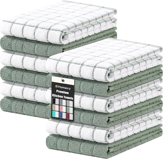 Homaxy Large Premium Cotton Kitchen Towels 16"x 28", 12 Pack, Sage Green | Natural Ring Spun 390 GSM Dish Towels, Super Absorbent Terry Kitchen Hand Towels, Soft Tea Towels with Hanging Loop by Homaxy