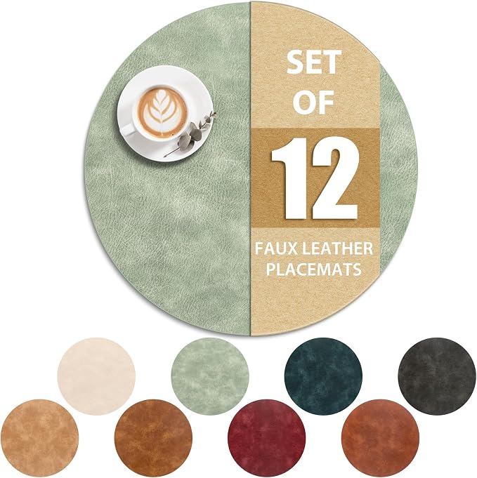 ADRIMER Placemats, Heat Resistant Round Placemats Set of 12 Washable, Waterproof Table Mats, Wipeable Faux Leather Place Mats for Kitchen, Dining Room, Green by Adrimersdreamistobeanindispensablecompanioninyourlife