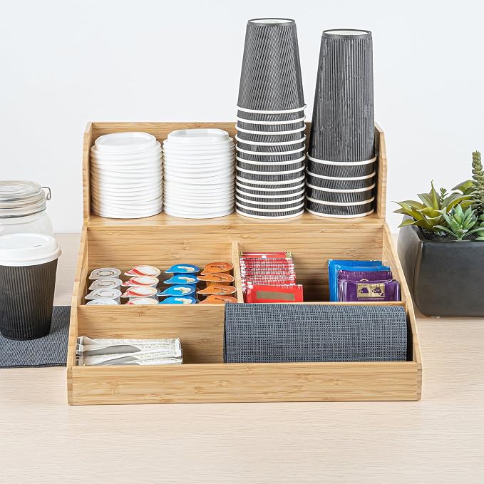 Restaurantware Coffee Cup Organizer 15 x 14.25 x 9.25 Inch Multipurpose Bamboo Condiment Holder Brown Countertop Cup and Lid Organizer for Coffee Shops and Office Break Rooms - Image 6
