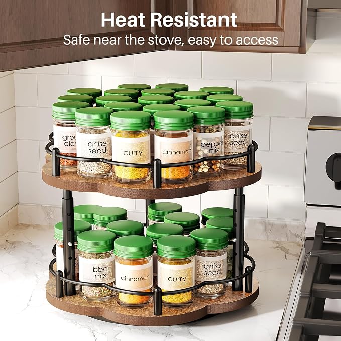 Spice Rack Lazy Susan Organizer for Cabinet, Rotating Spice Organization 2 Tier Adjustable Lazy Susan Turntable Spice Cabinet Organizer for Kitchen Countertop & Pantry, Wood 10 Inch Seasoning Storage - Image 7