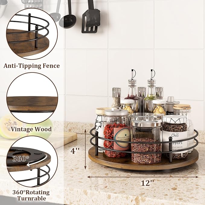 12" Lazy Susan Turntable Organizer,Round Wooden Lazy Susan Organization and Rotating Spice Rack for Dining Table,Pantry,Kitchen Countertop,Vanity,Cupboard and More. (Heightened Version,Round) - Image 3