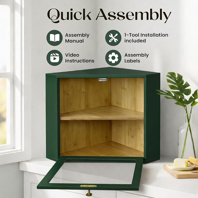 2 Tier Corner Bread Box for Kitchen Countertop, Green | Space-saving, food-safe bamboo corner countertop cabinet featuring a modern brass knob & controlled airflow. - Image 6