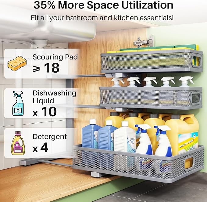 Kitstorack Under Sink Organizer, 1-Pack 3-Tier Height Adjustable Thickened Metal Pull out Cabinet Organizer Shelf, Slide out Storage Drawer Rack for Bathroom Kitchen Pantry Home Organization, Grey - Image 4