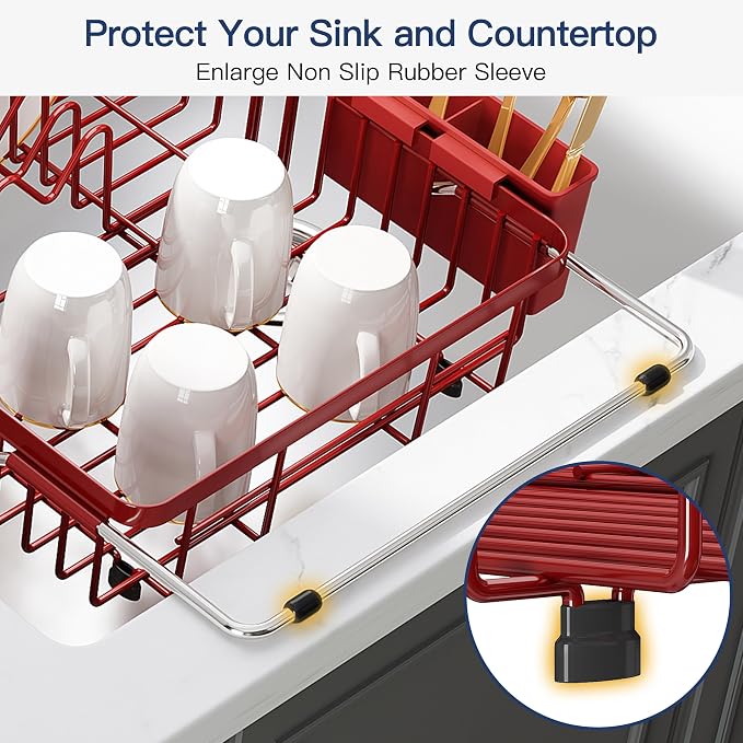 JASIWAY Red Dish Drying Rack Over the Sink with Utensil Holder | Expandable Stainless Steel Dish Driainers for Small Kitchen, Counter Space Saving, Fast Drain, Rust Resistant, For Apartment - Image 7