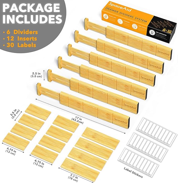 SpaceAid Bamboo Drawer Dividers with Inserts and Labels, Kitchen Adjustable Drawer Organizers, Expandable Organization for Home, Office, Dressers and Bathroom, 6 Dividers with 12 Inserts (13.25-17 in) - Image 2