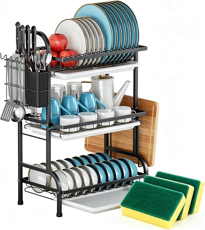 3 Tier Dish Drying Rack, Over The Sink Dish Drying Rack with Drain Tray, Large Kitchen Dish Rack for Countertop with Cutlery Holder, Knife Holder & Cutting Board Holder, Black by Unknown