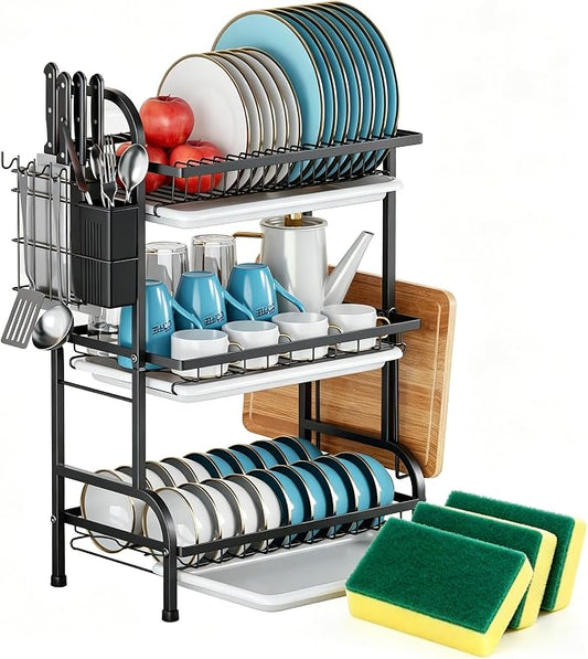 3 Tier Dish Drying Rack, Over The Sink Dish Drying Rack with Drain Tray, Large Kitchen Dish Rack for Countertop with Cutlery Holder, Knife Holder & Cutting Board Holder, Black by Unknown