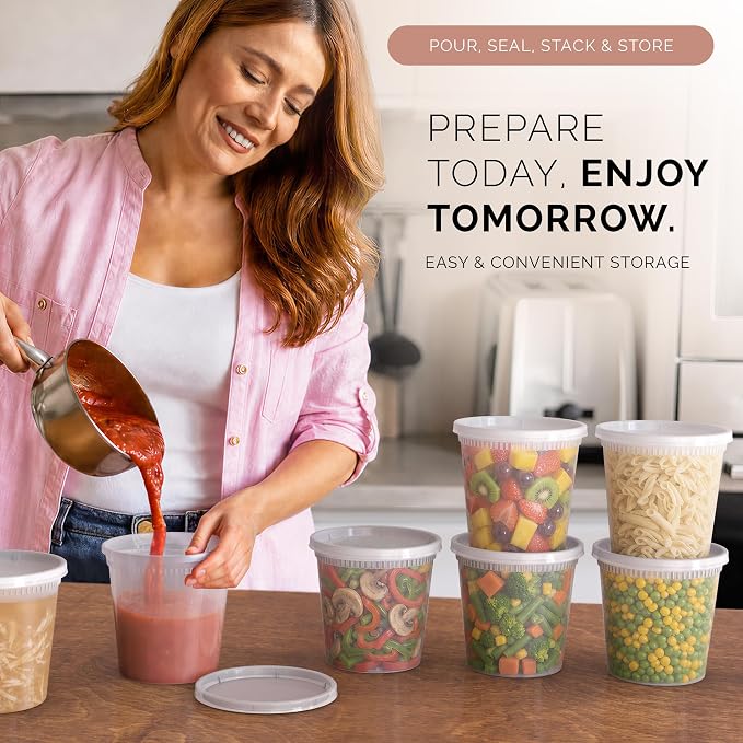 100 PACK (200 SETS) of 24 oz. Plastic Food Containers with Lids | Airtight, Microwave, Dishwasher, & Freezer Safe | Meal Prep, Disposable, Takeout Deli Soup Slime Round Food Storage Box - Image 4