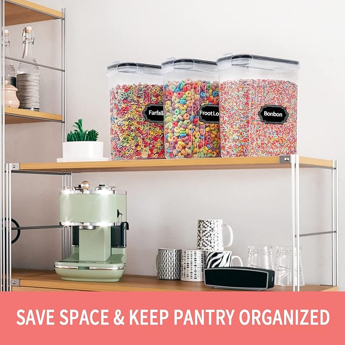 PRAKI Cereal Containers Storage Set (4L,135.2 Oz), 8PCS Airtight Food Storage Containers with Lids for Kitchen & Pantry Organizers and Storage, Cereal Dispensers with 20 labels, Measuring Cup & Marker - Image 5