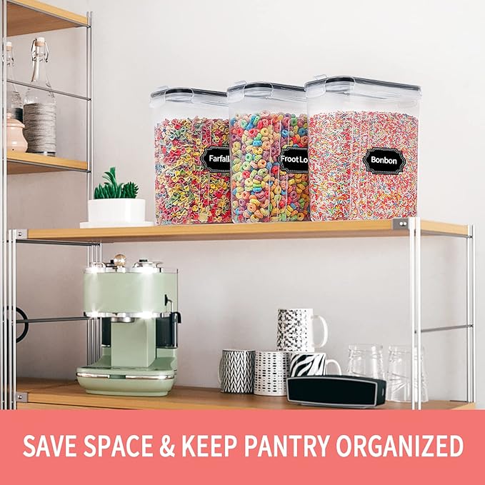 PRAKI Cereal Containers Storage Set (4L,135.2 Oz), 8PCS Airtight Food Storage Containers with Lids for Kitchen & Pantry Organizers and Storage, Cereal Dispensers with 20 labels, Measuring Cup & Marker - Image 5