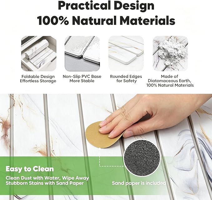 Stone Drying Mat for Kitchen Counter, Quick Diatomaceous Earth Mats for Dishes, 24"L x 16" W Super Absorbent Fast-Drying Collapsible Countertop Stone Mat (Marble White-05, 24" x 16") - Image 3