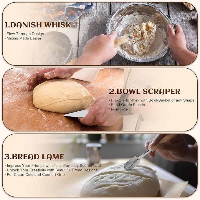 Banneton Bread Proofing Basket Set of 2, 9 Inch Round Sourdough Proofing Basket, Sourdough Starter Kit, Sourdough Bread Baking Supplies with Dough Scraper, Danish Dough Whisk, Bread Lame, Bowl Scraper - Image 4
