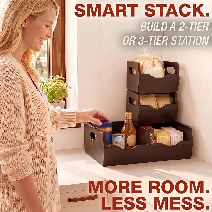 HOMESTEAD Stackable Solid Wood Storage Bins for Kitchen Pantry & Countertop, Ventilated Potato and Onion Basket Organizer with Handles, Wooden Produce Storage Containers, 3-Pack, Chestnut Finish - Image 8