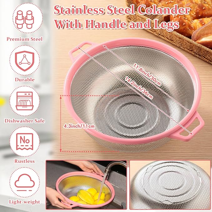 4 Pcs Mixing Bowls with Lids Plastic Nesting Bowls Set with Stainless Steel Colander 8 Pcs Measuring Cups and Spoons Set and Foldable Kitchen Funnel for Kitchen Cooking Accessories (Pink) - Image 4