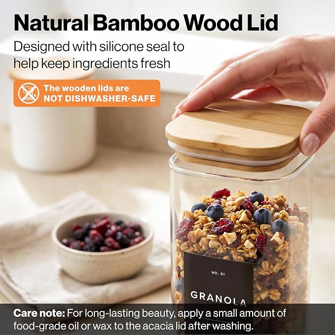 Glass Pantry Storage Jars Containers with Bamboo Lids and Labels - Set of 5 | Extra Thick Square Glass Canisters with Bamboo Wood Lids and 54 Pre-printed Pantry Labels keeps dry Goods Fresh and Organized - Image 5