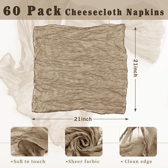 60 Pack Sand Cheesecloth Napkins 21x21 Inches Sand Cloth Napkins Set of 60 Washable Dinner Table Napkins for Wedding Rustic Boho Cotton Gauze Party Bridal Baby Shower Family Gathering Table Decor - Image 3