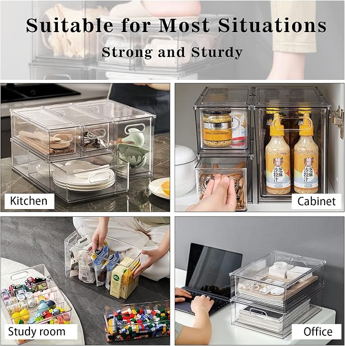 Mano Stackable Fridge Drawers Pull Out Bins with Handle Clear Refrigerator Drawers Organizer Food Storage Container Box with Dividers Plastic Produce Saver for Pantry, Cabinet, Kitchen, Clothes（7Pack） - Image 4