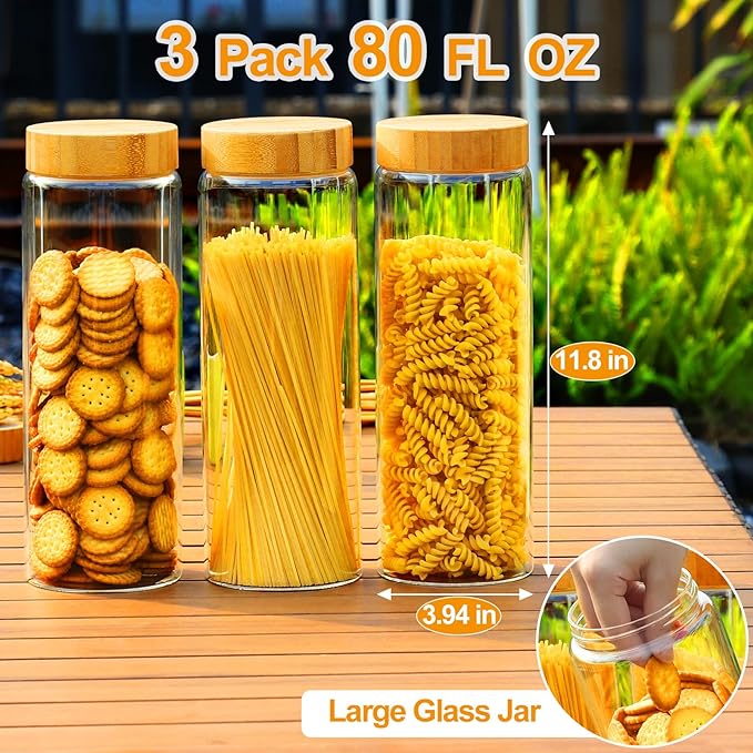 Glass Canisters With Airtight Bamboo Lids - 3 Pack 80oz Cereal Containers, Cookie Jars, Pasta Storage - Screw On Kitchen Jars - Image 2