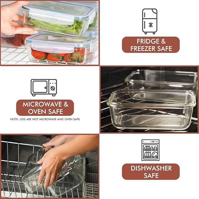 Razab 16 Pc (Set of 8) 30 Oz Glass Meal Prep Containers with Lids, Airtight Large Glass Food Storage Containers, Reusable Leak Proof BPA Free, Freezer to Oven and Dishwasher Safe - Image 5