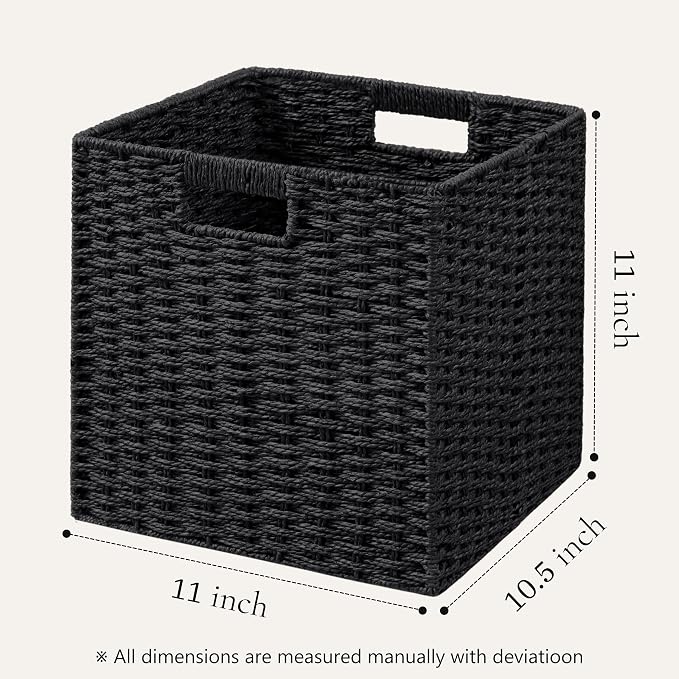UBBCARE 2 Pack Wicker Basket, 11L×11H×10.5W inch Woven Paper Rope Storage Baskets for Shelves, Foldable Cube Storage bin with Handle, Storage Basket for Organizing & Decor, Black - Image 2