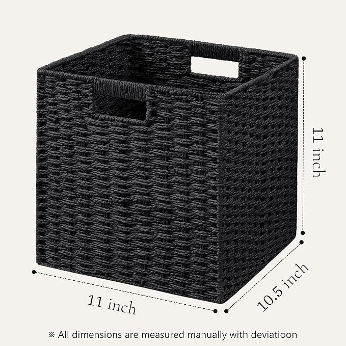 UBBCARE 3 Pack Wicker Basket, 11L×11H×10.5W inch Woven Paper Rope Storage Baskets for Shelves, Foldable Cube Storage bin with Handle, Storage Basket for Organizing & Decor, Black - Image 2