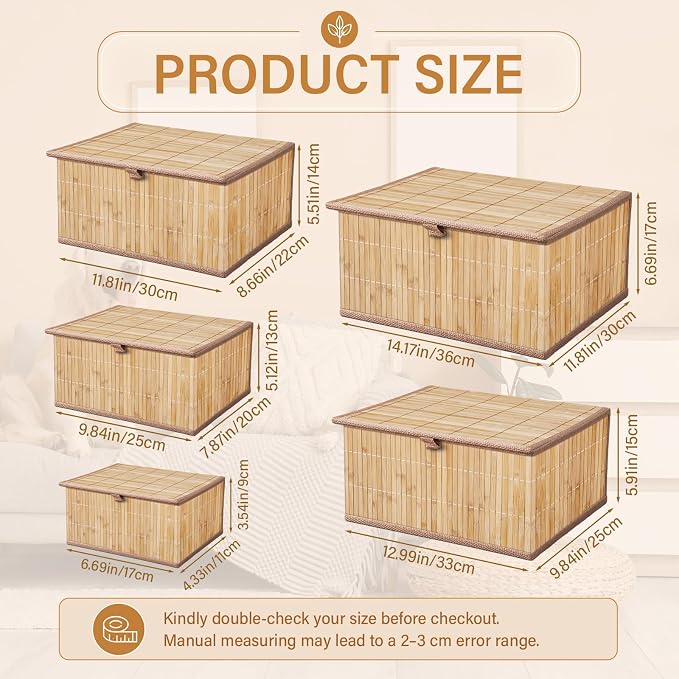 Set of 5 Bamboo Decorative Storage Boxes with Lids, Woven Stackable Storage Bins with Washable Liners, Wicker Nesting Basket Organizers for School, Dorm Room, Classroom, Home, Office - Image 2