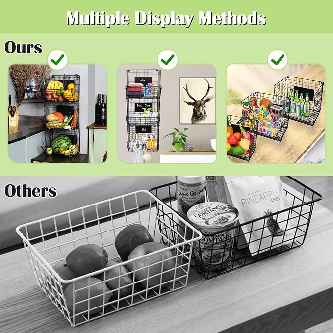 X-cosrack Metal Wire Basket Wall Mount, 3 Tier Wall Storage Basket Organizer with Hanging Hooks Chalkboards, Rustic Kitchen Fruit Produce Bin Rack Bathroom Tower Baskets (Black) - Image 8