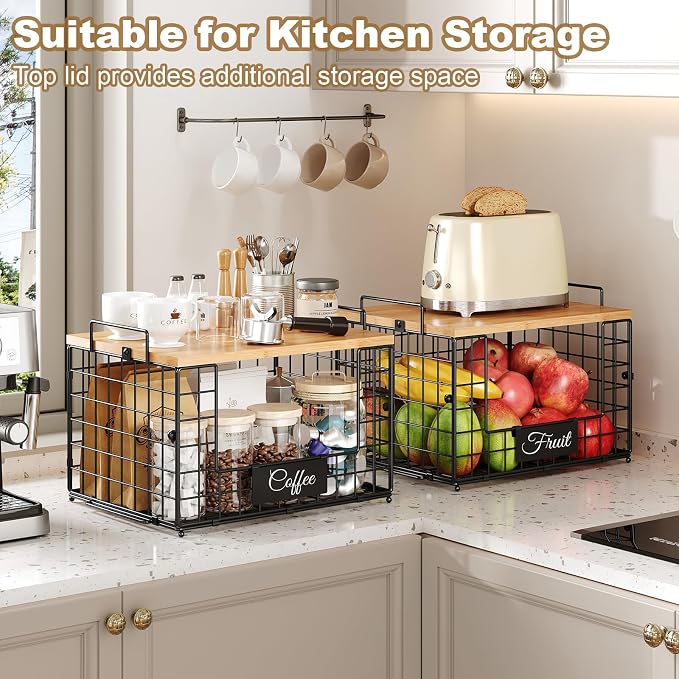 2 PACK XXL Potato and Onion Storage Bins, Pantry Organizers and Storage | Stackable Wire Baskets with Wooden Tops & Tags, Kitchen Counter Organizers Bins for Potato, Onion, Fruit, Vegetable, Garlic - Image 5