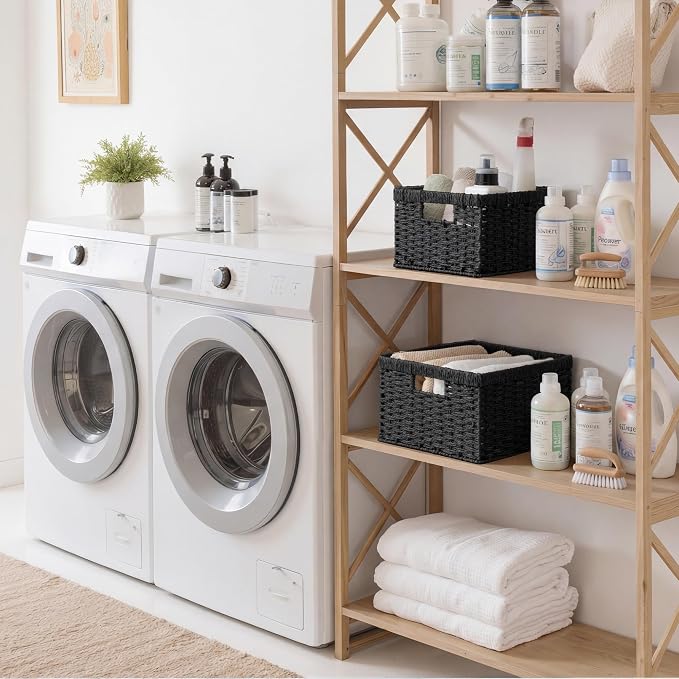 StorageWorks Wicker Baskets with Handles, Paper Rope Black Baskets, 2-Pack | Wicker Storage Baskets for Organizing, Wicker Storage Baskets for Shelves, Pantry Organizers and Storage,Black Wicker Baskets - Image 6