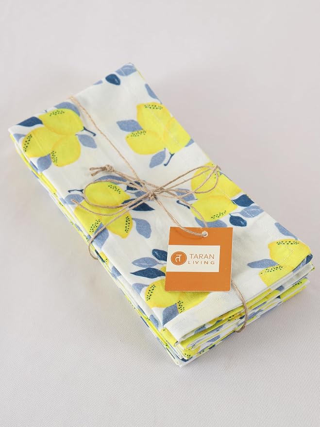 Printed Cotton Cloth Napkins Fall Dinner Napkin Set Reusable Machine Washable Fabric for Gifting, House Party Events, Home Decor, Craft - 18"x18" - Set of 4 - Lemon Print - Image 5