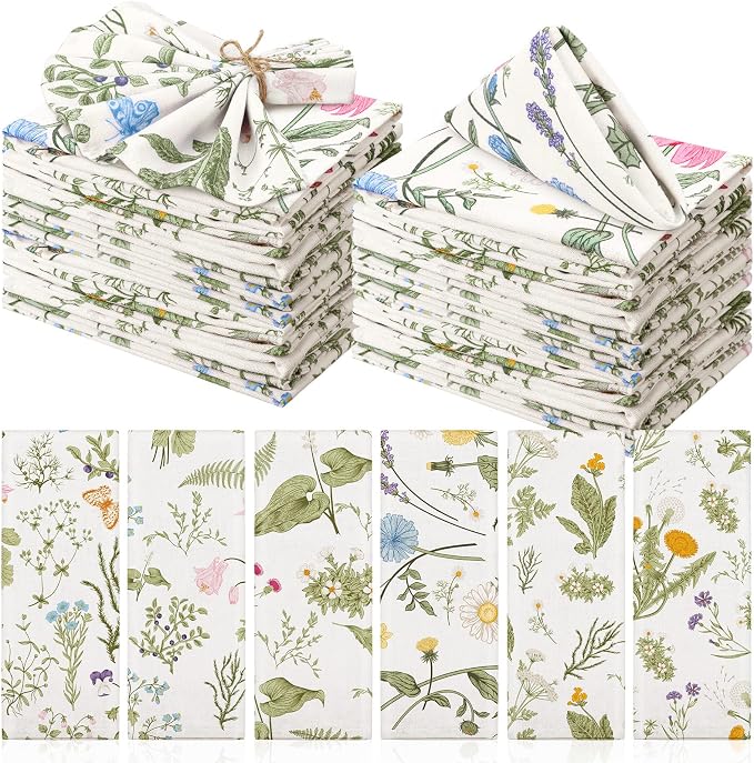Funnymoom 36 Pcs Herbs and Wild Flowers Cloth Napkins Floral Plants Reusable Napkins Country French Toile Dinner Soft Absorbent for Summer Holiday Party by Funnymoom