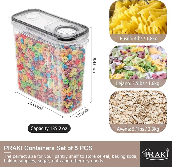 PRAKI 5PCS Cereal Containers Storage Set, BPA Free Airtight Food Storage Container Set with Lids, Kitchen Pantry Organization and Storage for Sugar, Baking Supplies with 20 Labels & Mark(4L Black) - Image 2