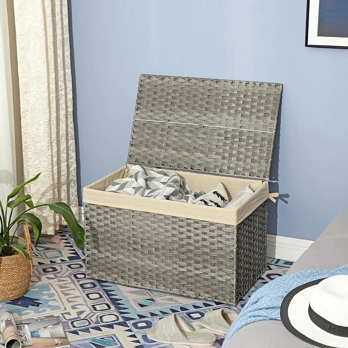 SONGMICS Storage Basket with Lid, Woven Blanket Storage Bin with Handles, Foldable, Removable Liner, Metal Frame, for Bedroom, Laundry Room, 42.3 Gallons (160 L), Gray URST76WG - Image 7