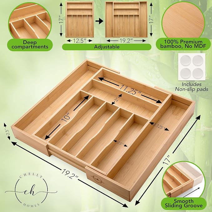 Bamboo Expandable Silverware Holder, Adjustable Cutlery Organizer, Wood Organizers Tray for Flatware, Knives and Utensils - Fits Most Drawers (9 Slots) - Image 3