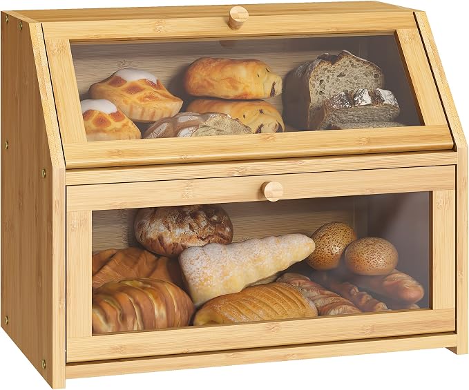 BMOSU Farmhouse Bread Box for Kitchen Countertop Bread box Double Layer Bamboo Wooden Extra Large Capacity Bin Kitchen Food Storage Container(Natural) by BMOSU