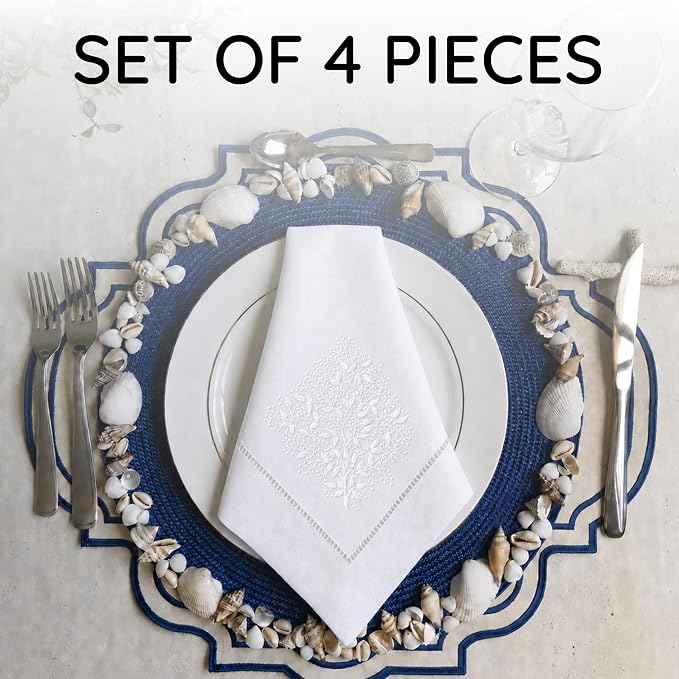 Cloth Napkins Set of 4, 20x20 inch, 100% Linen Hand Embroidered French Knot, Reusable & Machine Washable, Elegant Table Napkins for Dinner, Weddings, Parties (White) - Image 2
