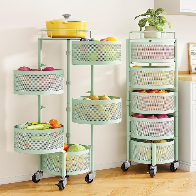 SNTD Fruit and Vegetable Basket Bowls for Kitchen with Metal Top Lid, 5 Tier Rotating Storage Rack Cart for Potato Onion Bread Banana, Wire Basket Organizer on Wheels, Large (Green) by SNTD