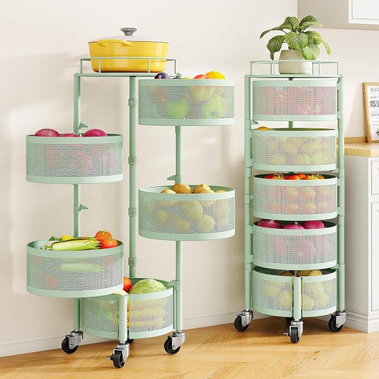 SNTD Fruit and Vegetable Basket Bowls for Kitchen with Metal Top Lid, 5 Tier Rotating Storage Rack Cart for Potato Onion Bread Banana, Wire Basket Organizer on Wheels, Large (Green) by SNTD