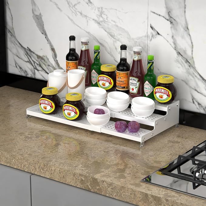 Jojocross Spice Rack Organizer for Cabinet, 3 Tier Expandable shelf, Great for Kitchen Cabinets, Cupboard,Pantry and more,Metal plate with hole (1 Pack/White,9.45" D x 12.8"~24“L x 3.56" H) - Image 2