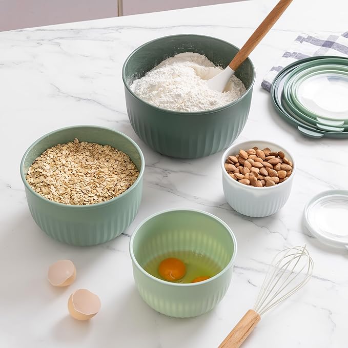 COOK WITH COLOR Prep Bowls with Lids- Wide and Deep Nesting Plastic Small Mixing Bowl Set with Lids, 8 Piece Set - Deep Bowls, Sage - Image 5