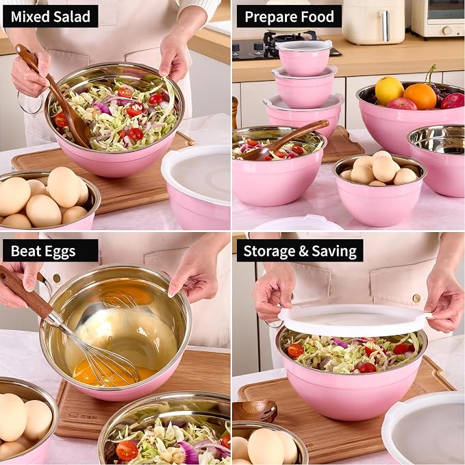 Pink Mixing Bowls with Lids Set of 7, Stainless Steel Nesting Bowl with Khaki Lid for Non-slip Mixing Prepping Storing Serving, 7 Sizes-7/3.6/2.7/2.1/1.5/1/0.8 QT - Image 4