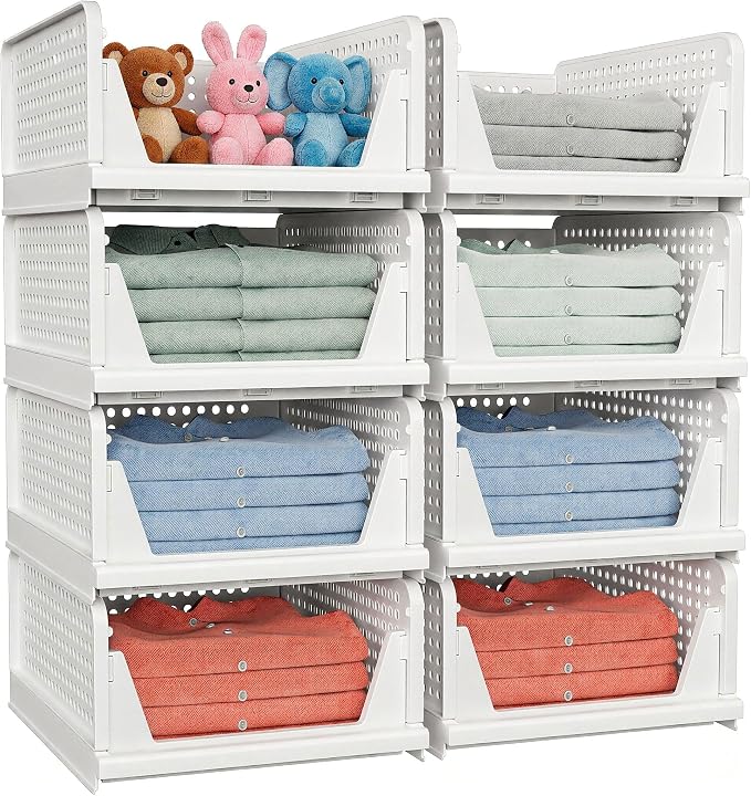 4 Pack Stackable Closet Storage Basket - Stackable Storage Bins | Multifunctional & Foldable Closet Organizer Waterproof, Wardrobe Cupboard Space-Saving Storage Drawer Organizer - Image 4